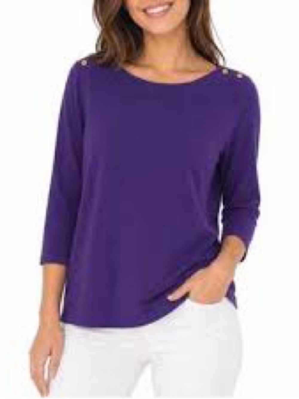 41 Hawthorn Purple Button-Shoulder 3/4 Sleeve Top